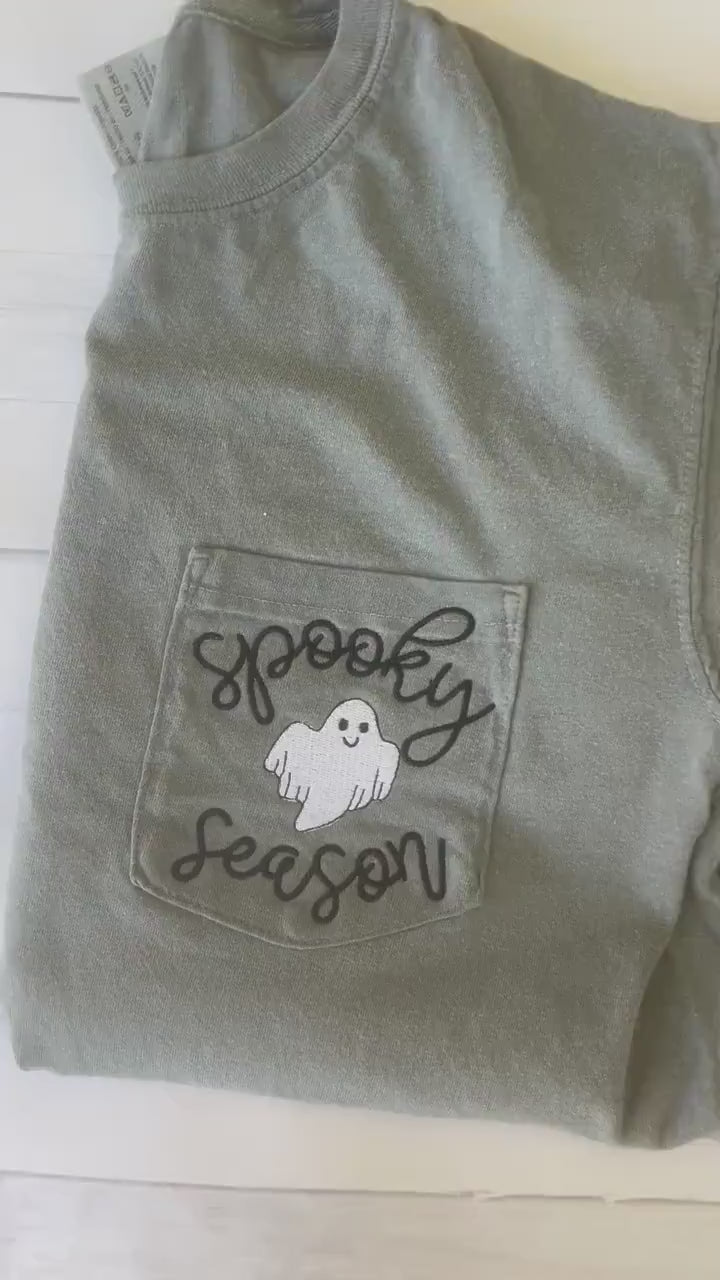 Spooky Season Ghost Tee: Comfort Colors Pocket T-Shirt
