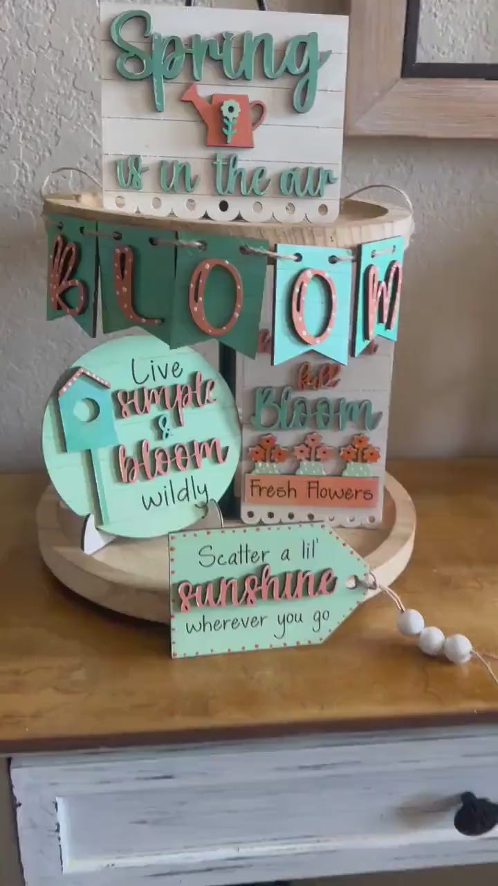 Spring Tiered Tray Decor - Farmhouse Easter Tiered Tray Set - Spring Decor - Flowers - Teal and Peach