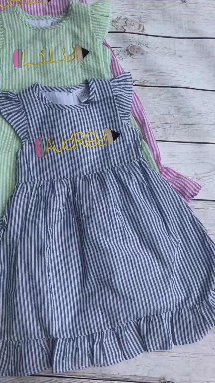 Personalized Seersucker School Dress: Embroidered Pencil Design