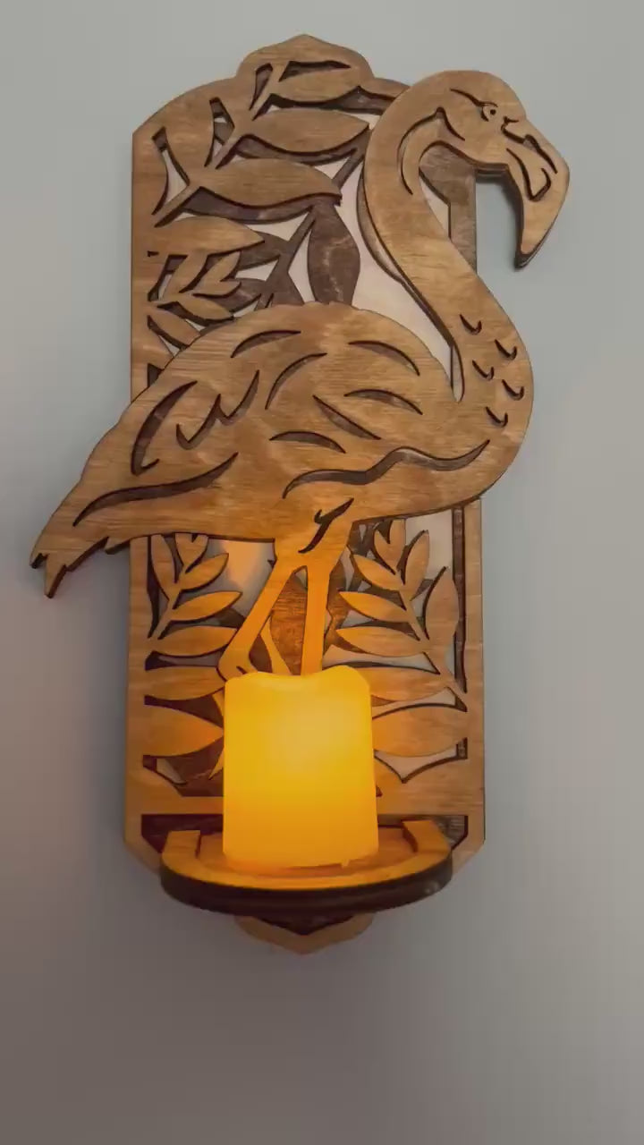 Wood Sconce - Flamingo Sconce - Candle - Laser Cut Sconce - Wooden Wall Sconce - 3D Laser Cut Sconce - Flamingo Decor