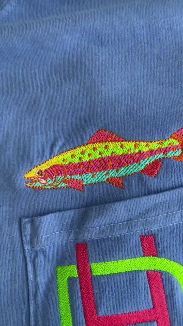 Women's Embroidered Fish Pocket Tee - Comfort Colors Monogram Shirt - Fish Shirt