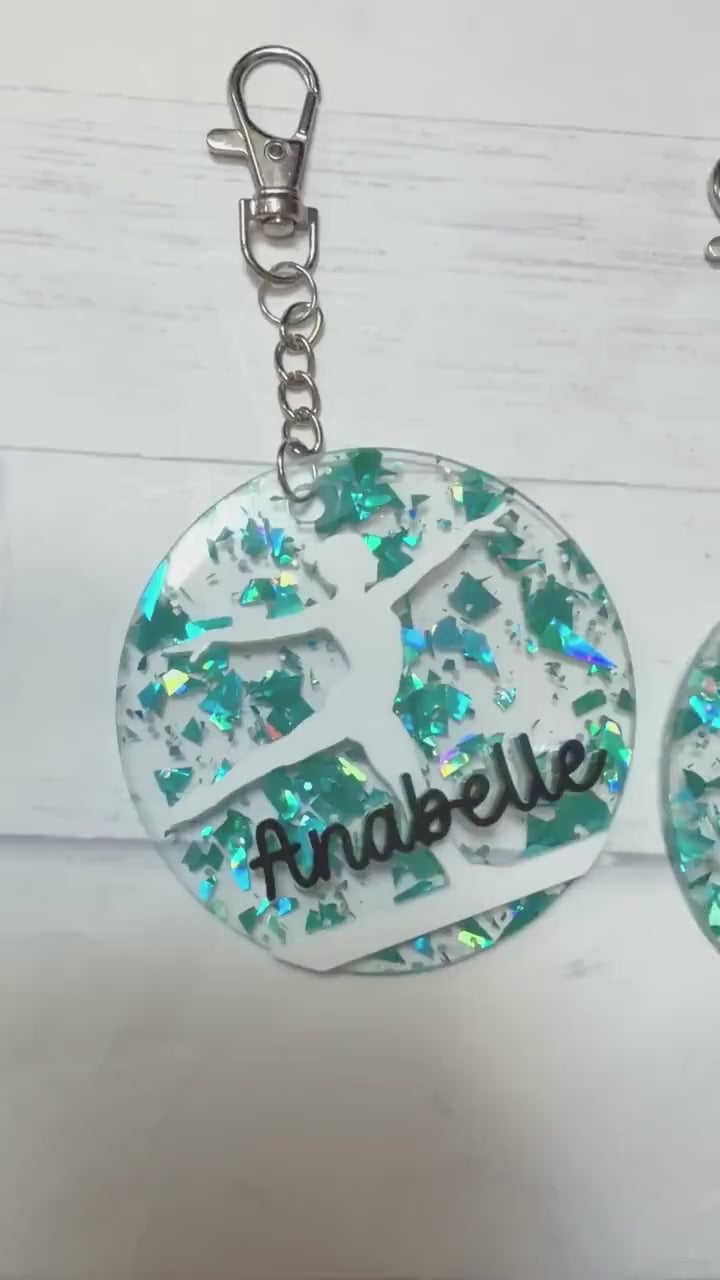 Gymnastics Glitter Key Chain, Acrylic Name Tag, Gymnastics Key Chain, Gift- Bag Tag