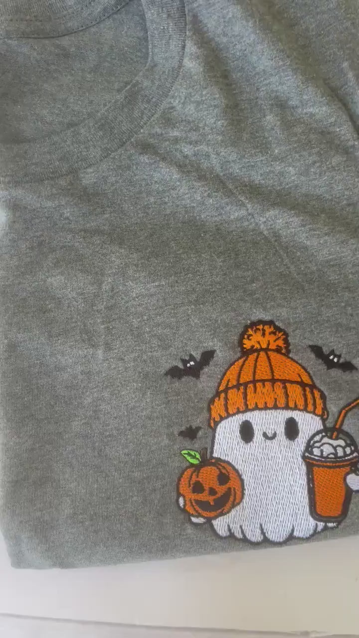 Embroidered Ghost with Coffee T-Shirt - Halloween Fall Tee